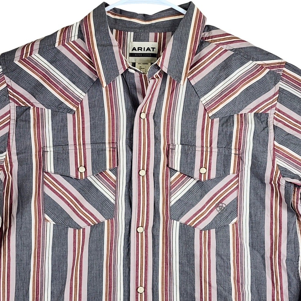 Ariat Retro Fitted Western Shirt Mens Large Grey Burgundy Stripe Pearl Snap